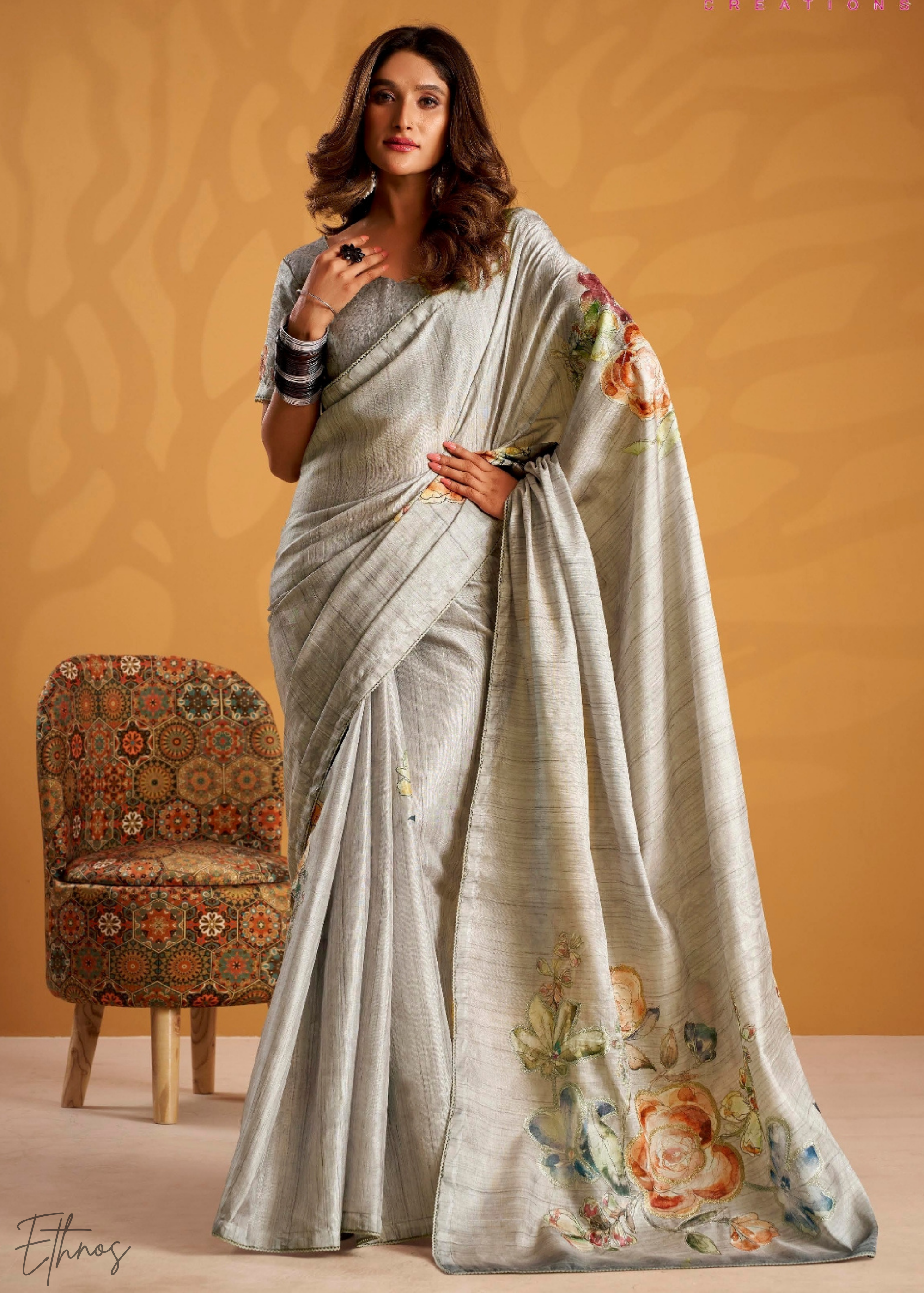 Silver Orchad Kasheeda Tusser Silk Saree – Ethnos