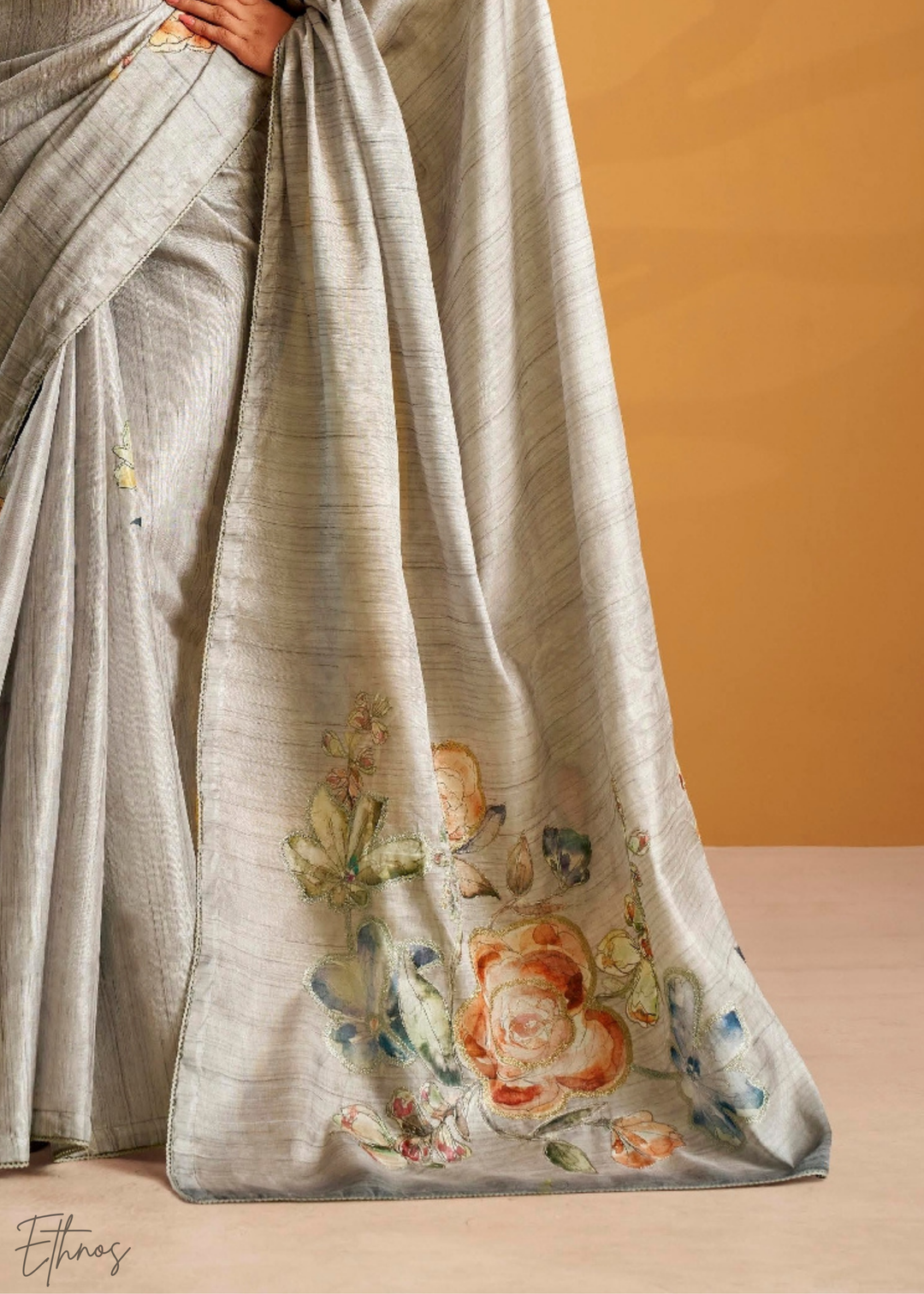 Silver Orchad Kasheeda Tusser Silk Saree