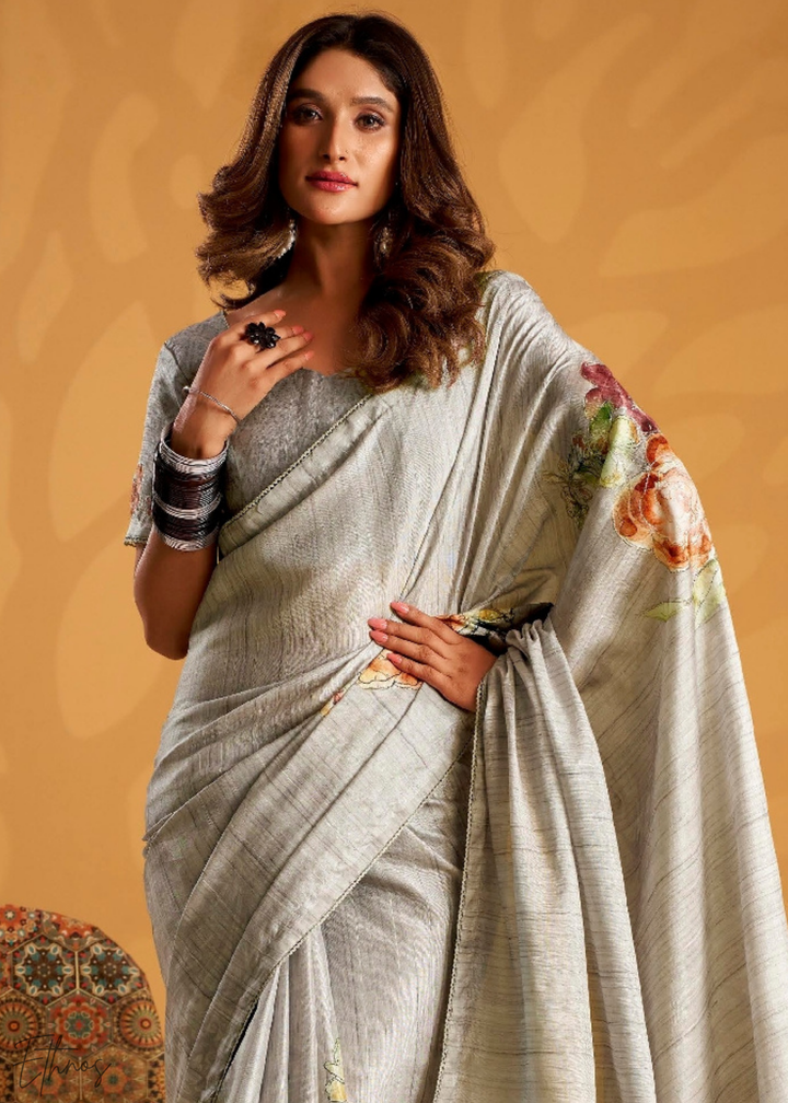 Silver Orchad Kasheeda Tusser Silk Saree
