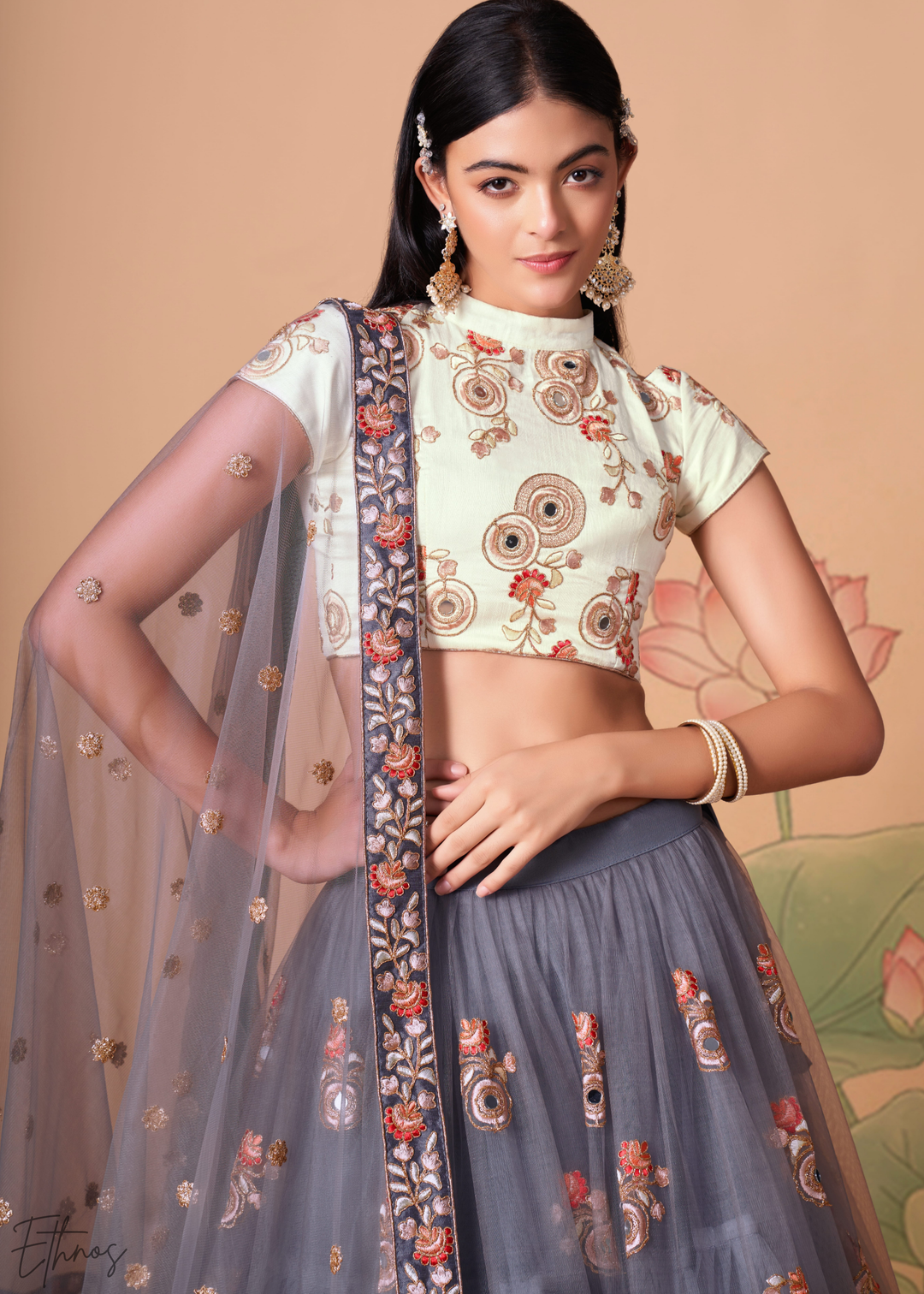 Grey Opulent Floral Mirror Net Lehenga