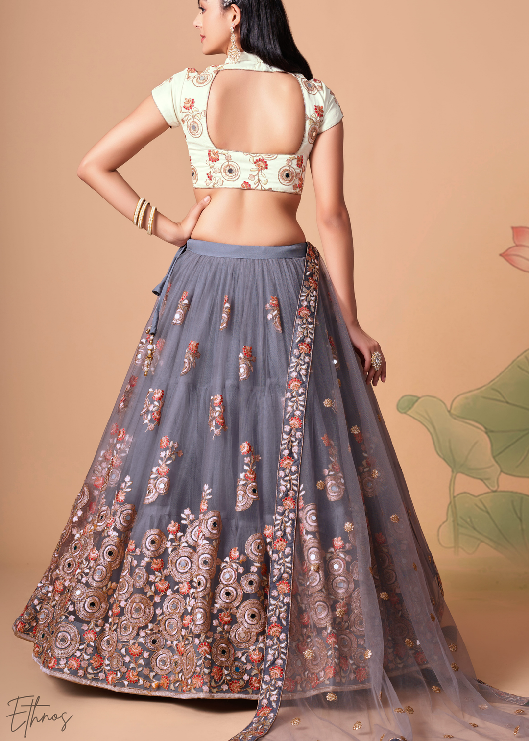 Grey Opulent Floral Mirror Net Lehenga