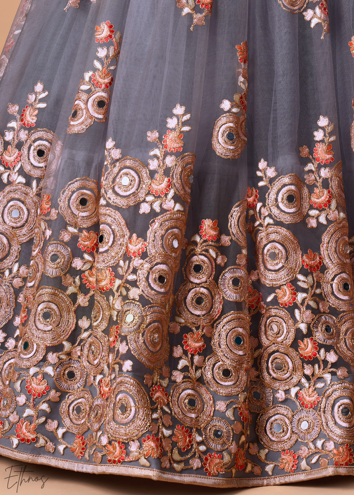 Grey Opulent Floral Mirror Net Lehenga