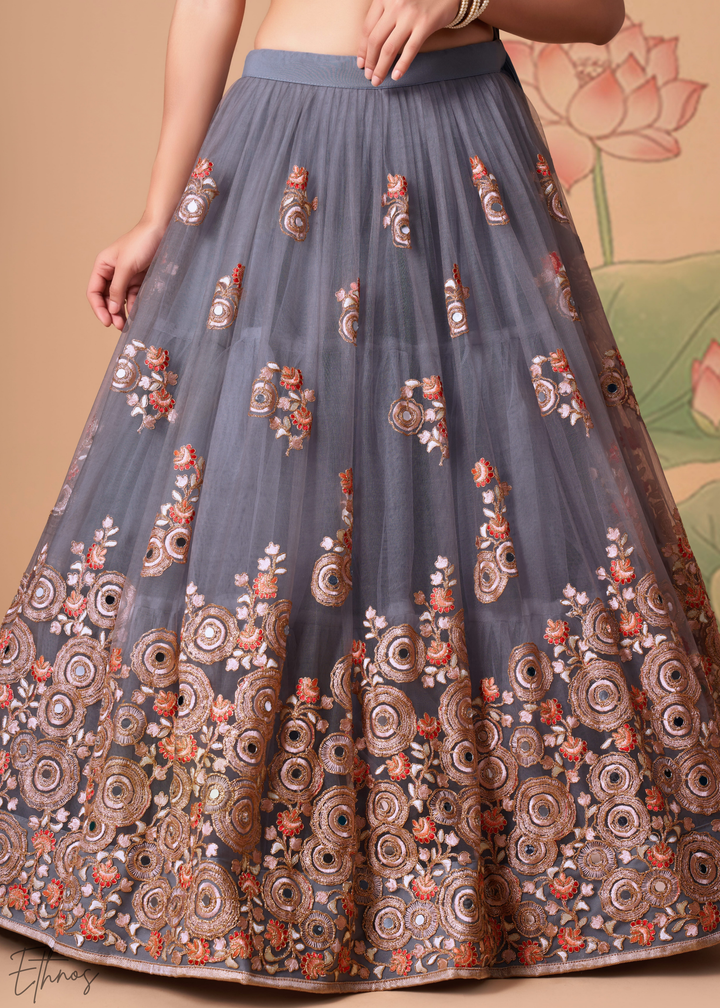Grey Opulent Floral Mirror Net Lehenga