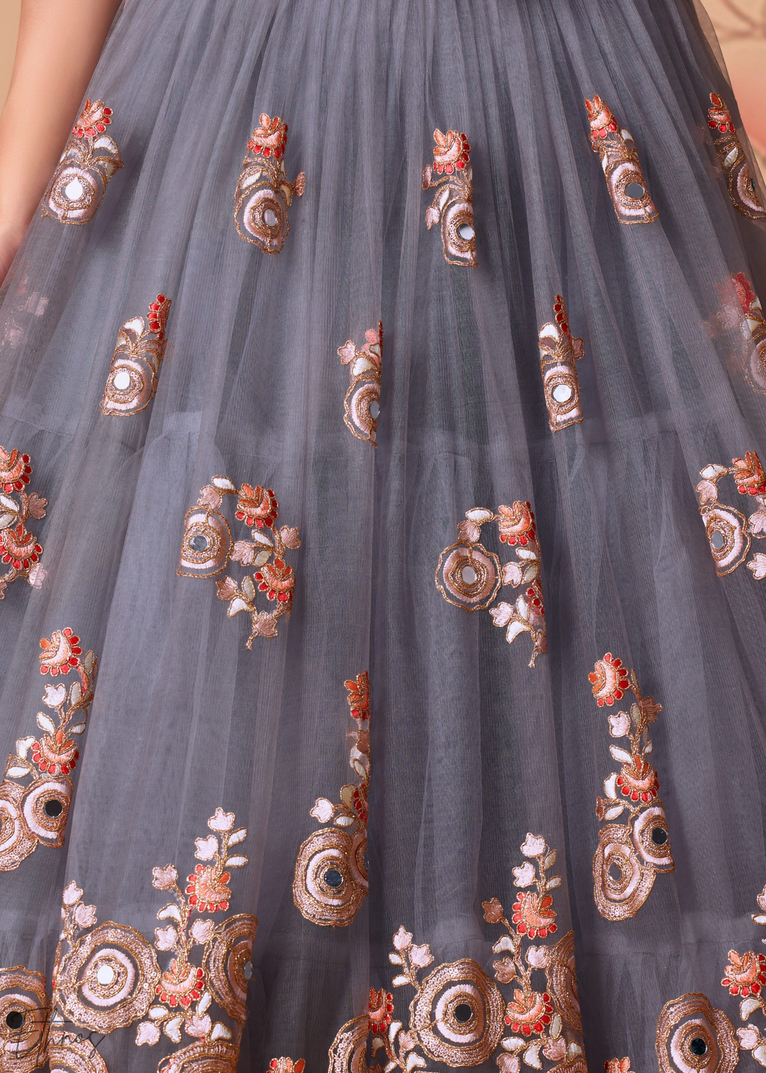 Grey Opulent Floral Mirror Net Lehenga