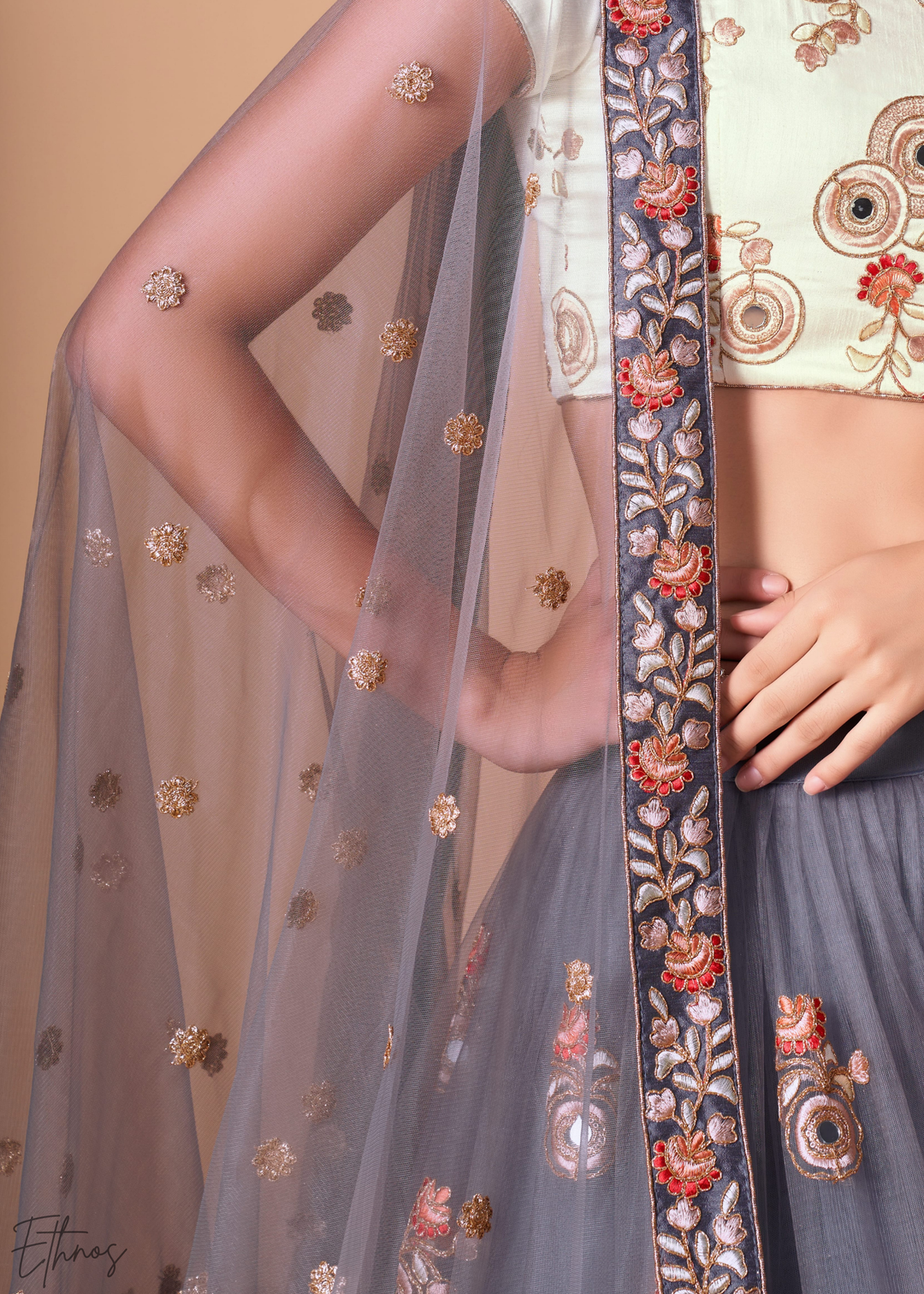 Grey Opulent Floral Mirror Net Lehenga