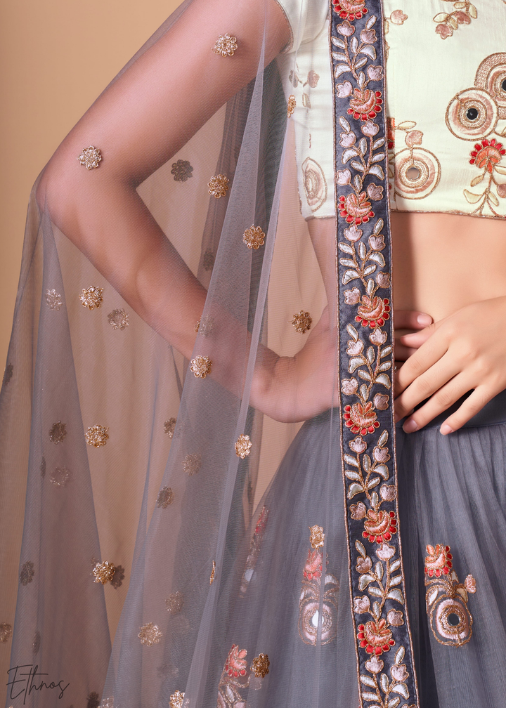 Grey Opulent Floral Mirror Net Lehenga