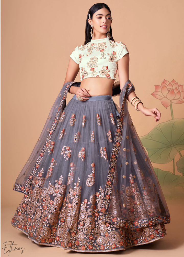 Grey Opulent Floral Mirror Net Lehenga