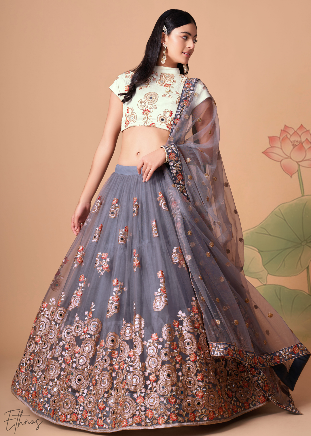 Grey Opulent Floral Mirror Net Lehenga
