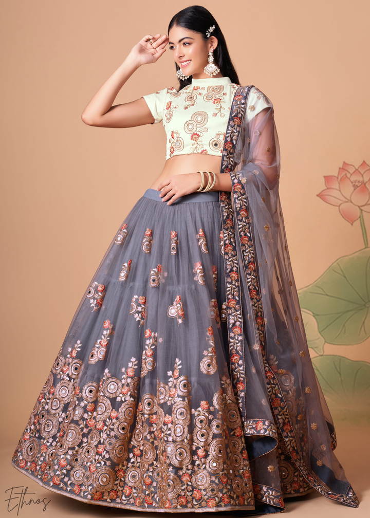Grey Opulent Floral Mirror Net Lehenga