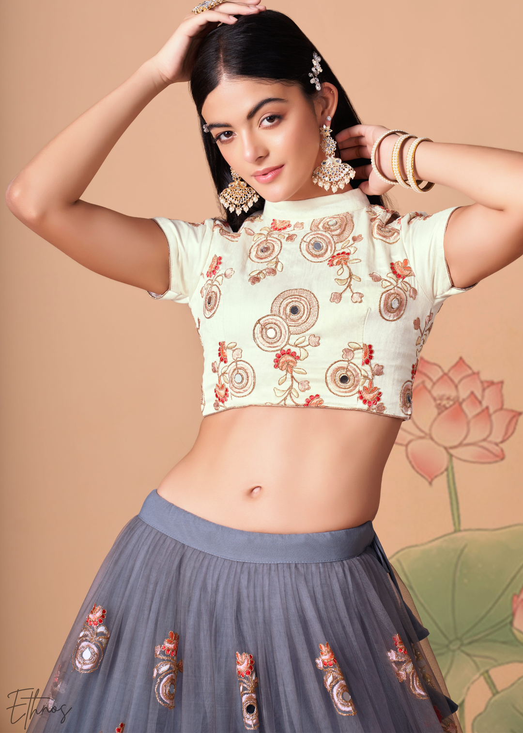 Grey Opulent Floral Mirror Net Lehenga