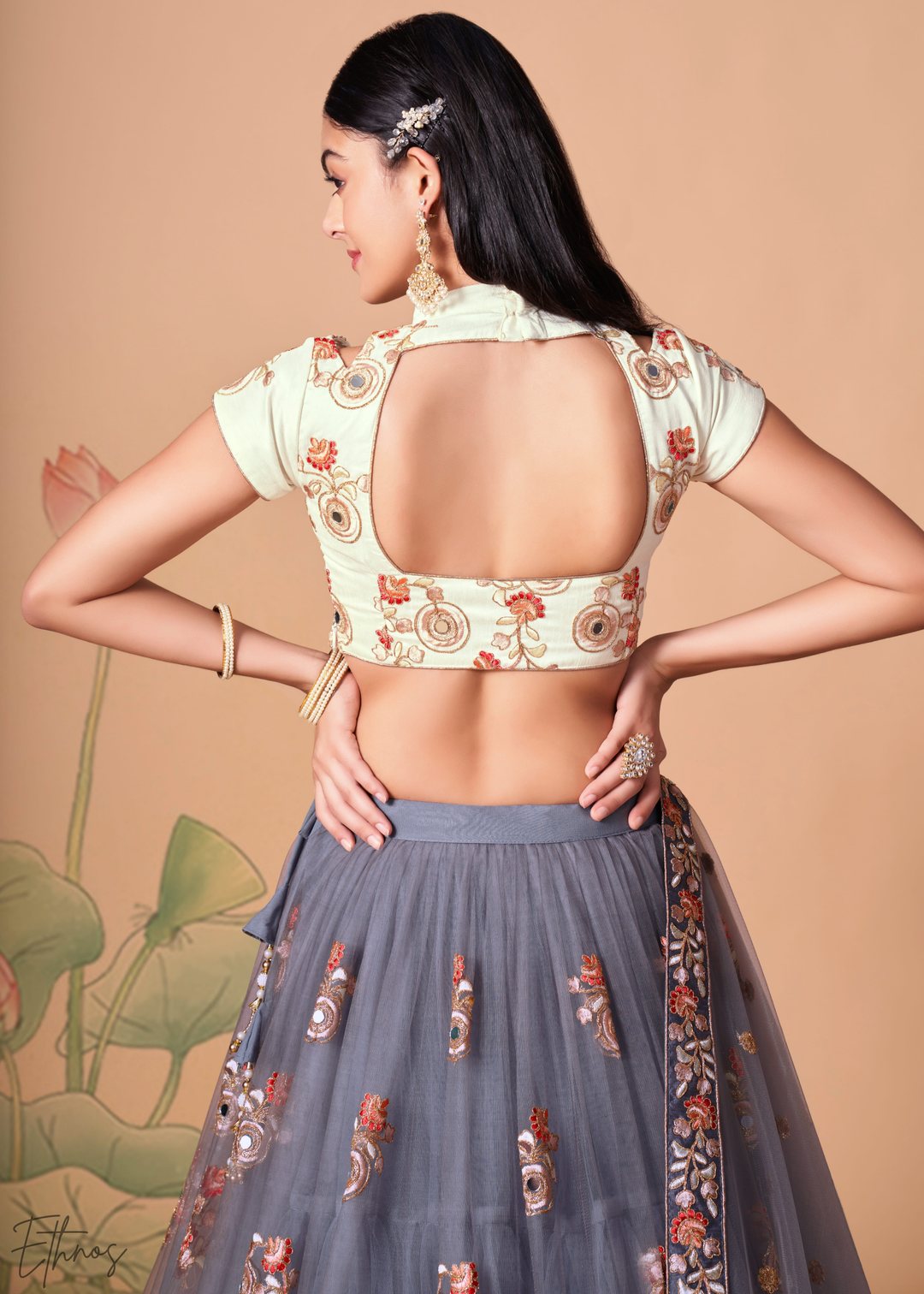 Grey Opulent Floral Mirror Net Lehenga