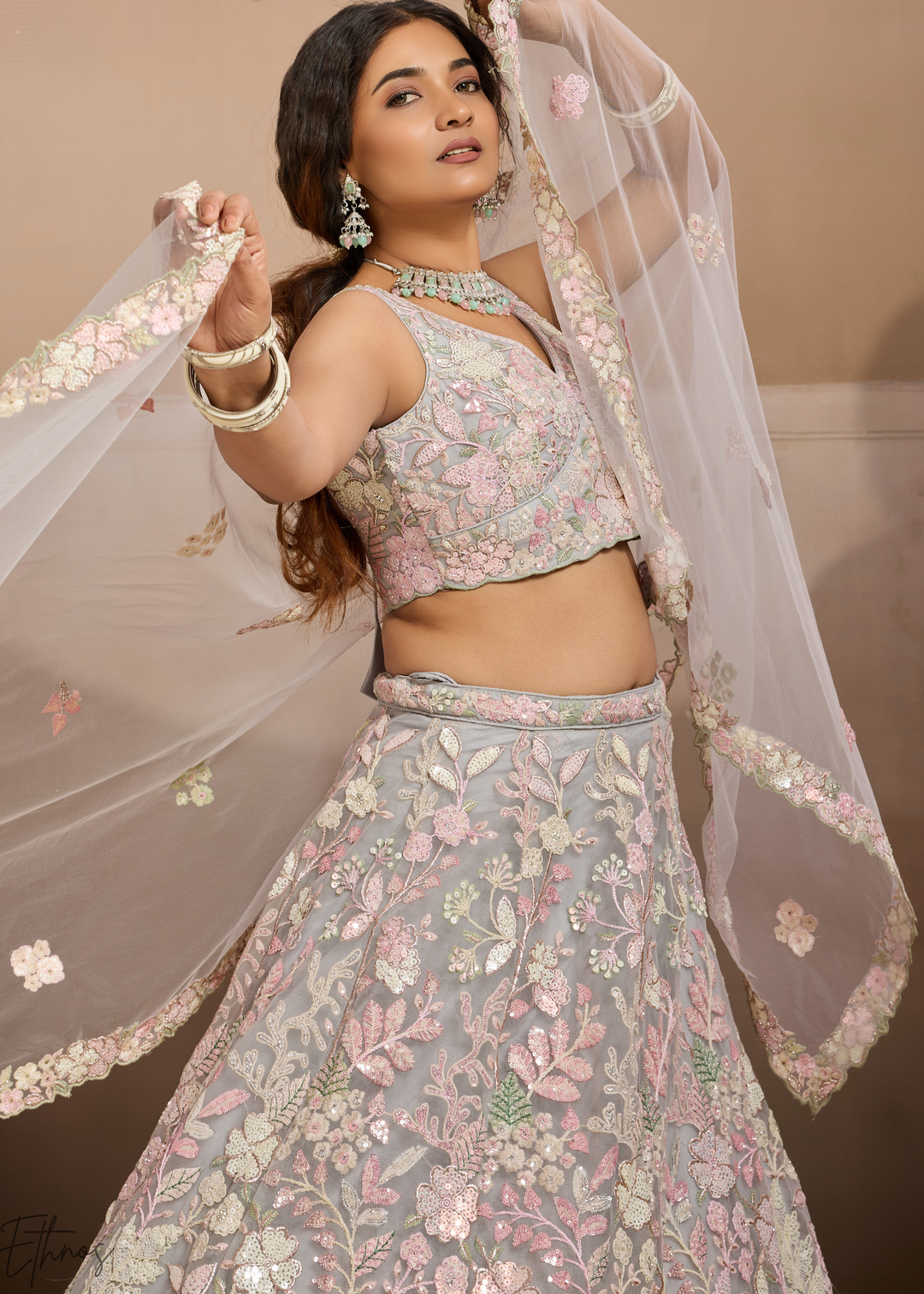 Grey Pastel Floral Embroidered Net Lehenga