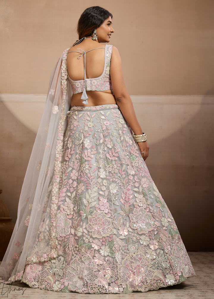 Grey Pastel Floral Embroidered Net Lehenga