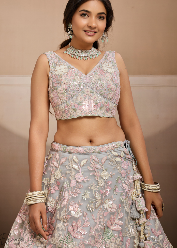 Grey Pastel Floral Embroidered Net Lehenga