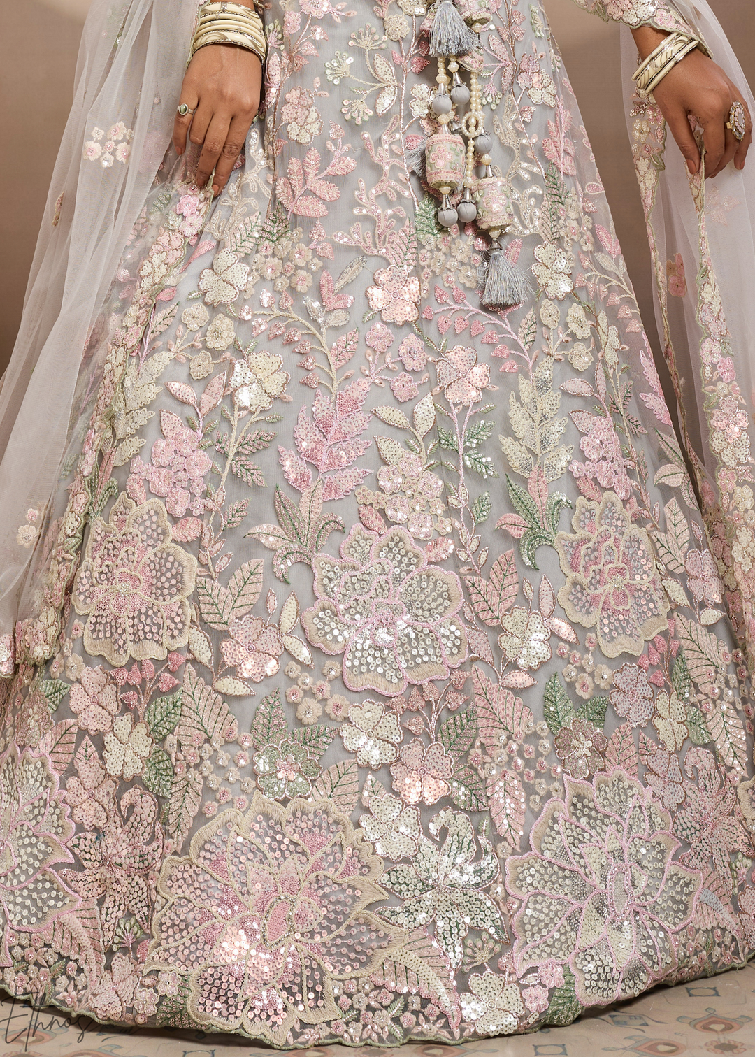 Grey Pastel Floral Embroidered Net Lehenga