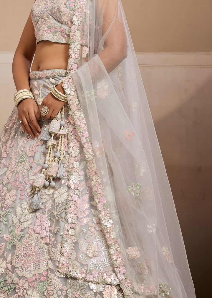 Grey Pastel Floral Embroidered Net Lehenga