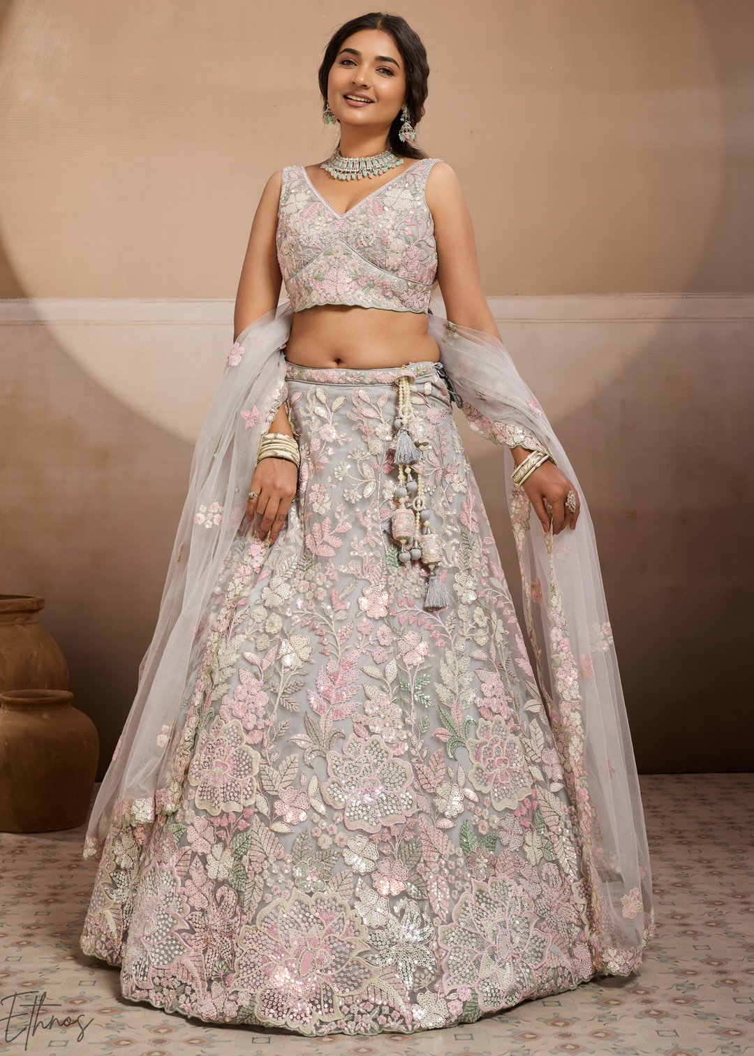 Grey Pastel Floral Embroidered Net Lehenga