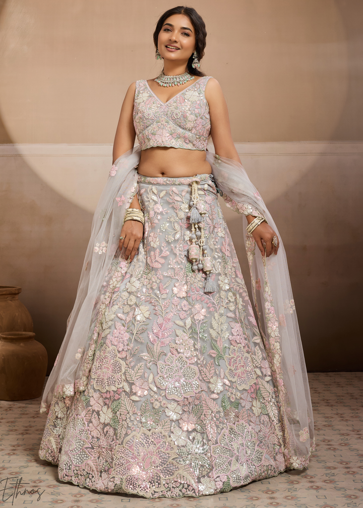 Grey Pastel Floral Embroidered Net Lehenga