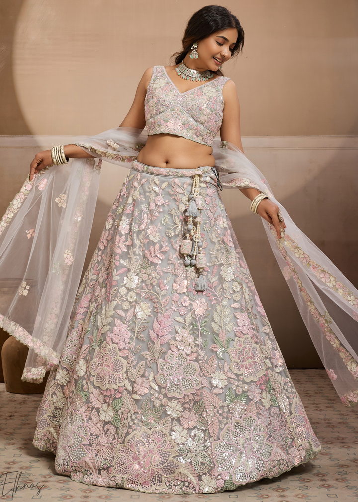 Grey Pastel Floral Embroidered Net Lehenga