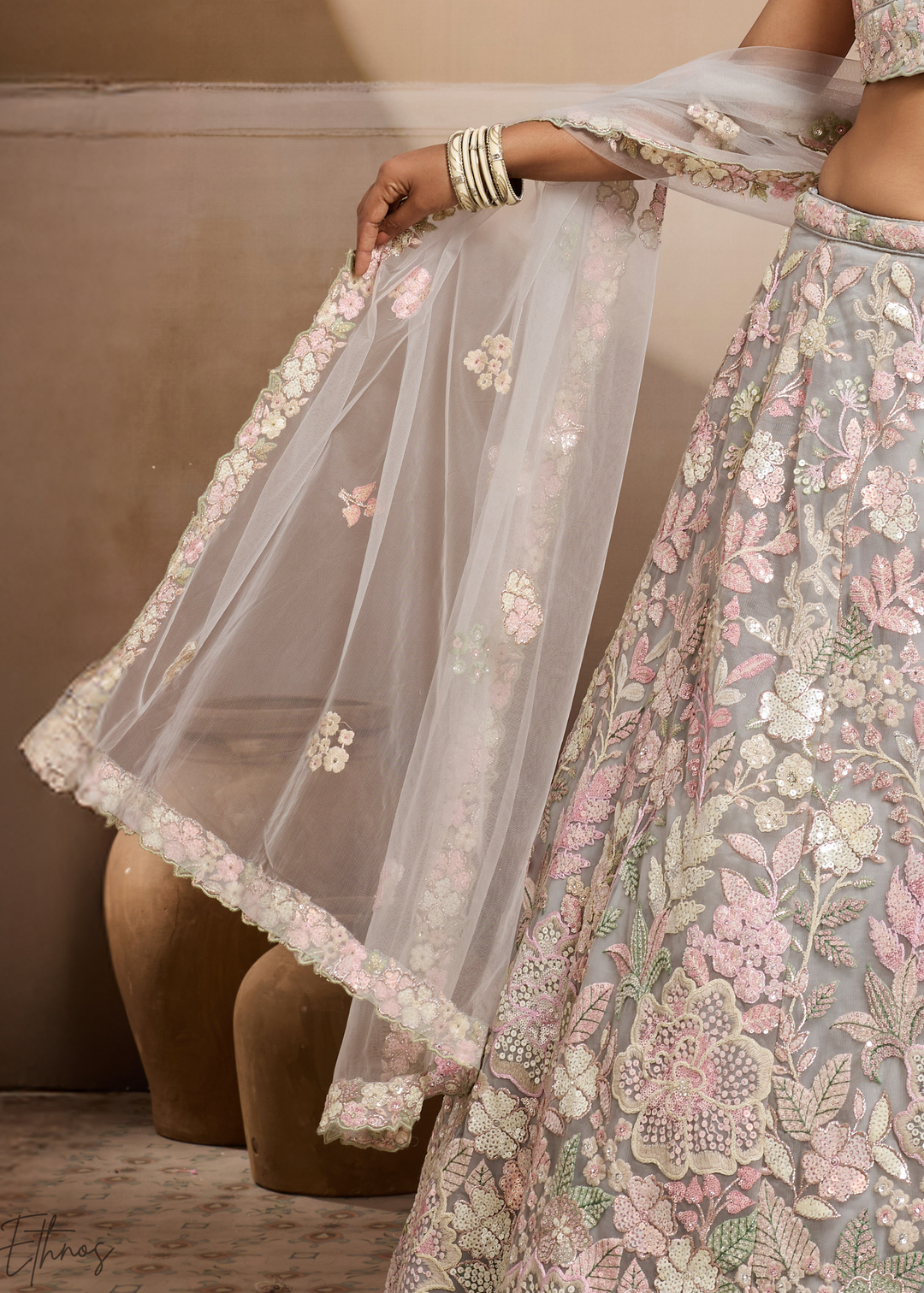 Grey Pastel Floral Embroidered Net Lehenga