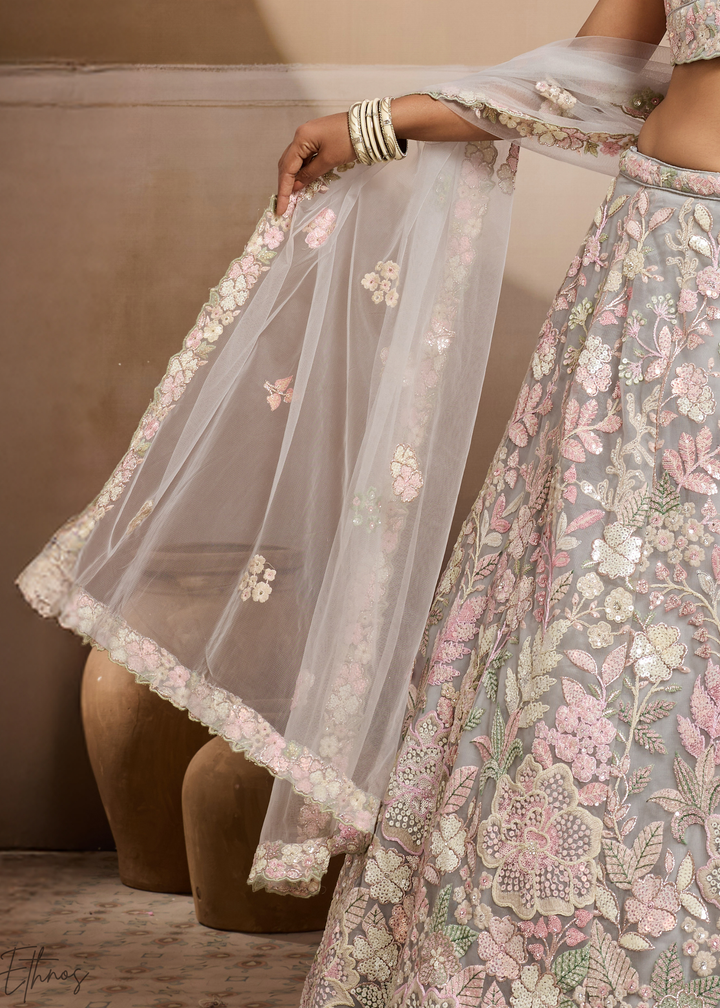 Grey Pastel Floral Embroidered Net Lehenga