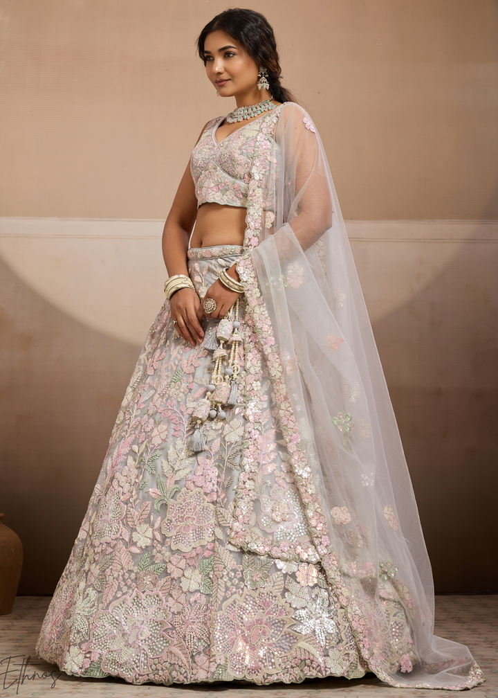Grey Pastel Floral Embroidered Net Lehenga