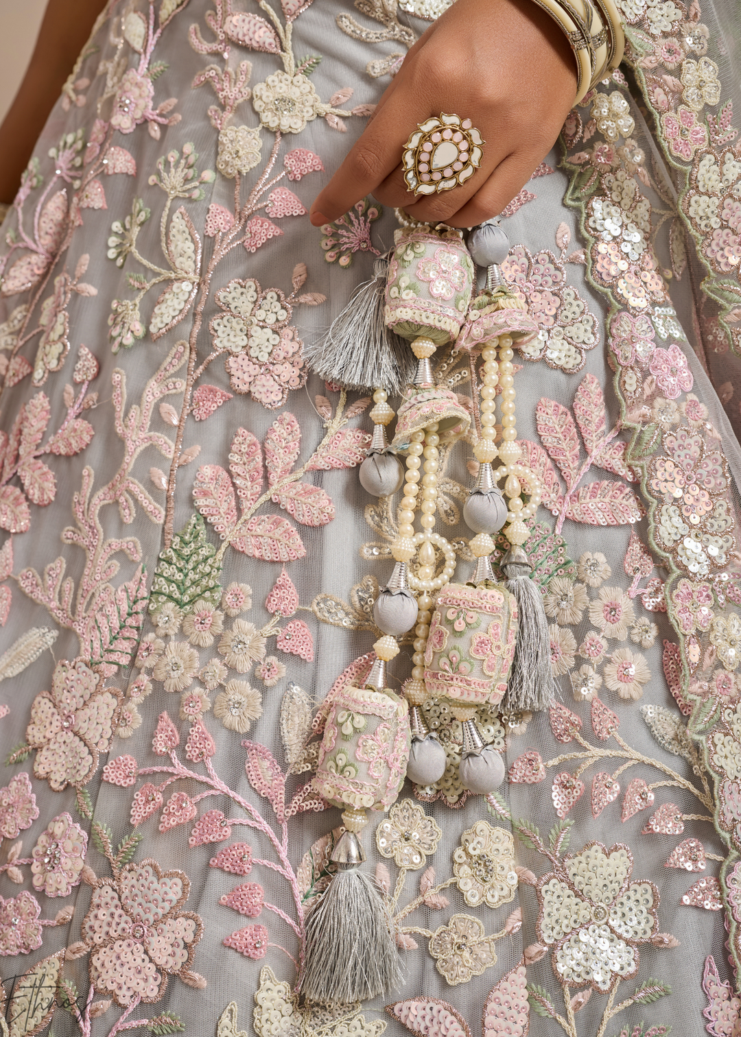 Grey Pastel Floral Embroidered Net Lehenga