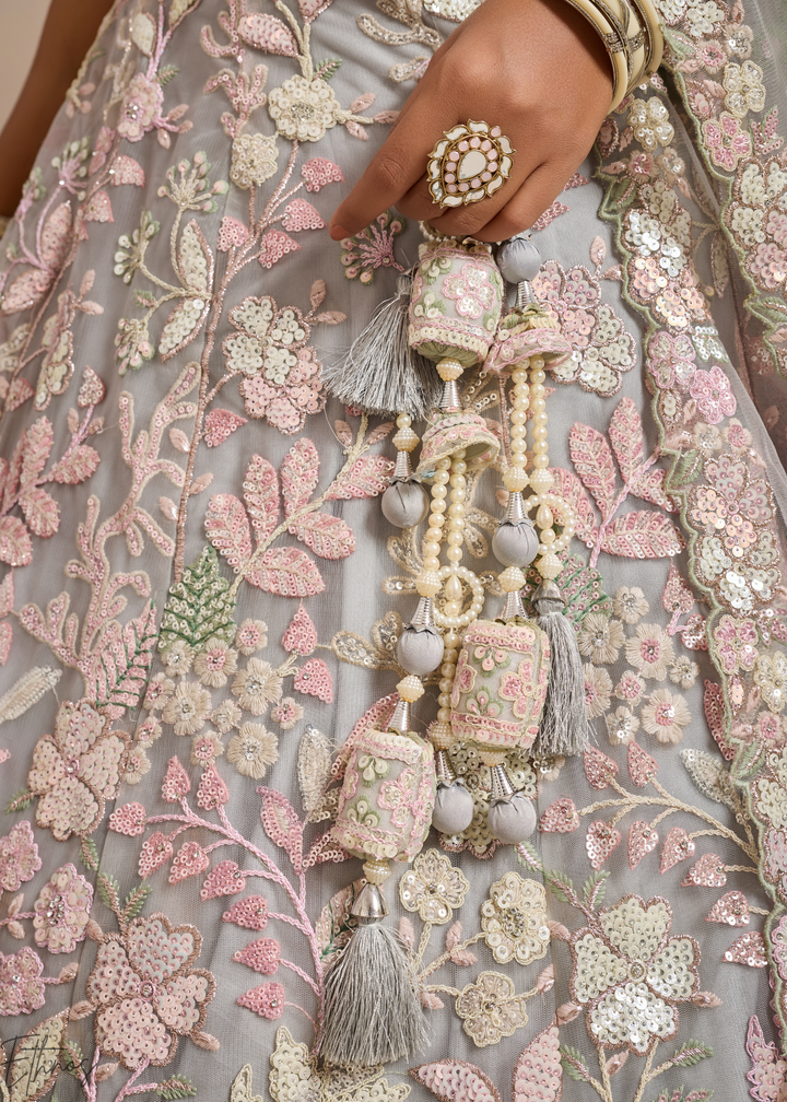 Grey Pastel Floral Embroidered Net Lehenga