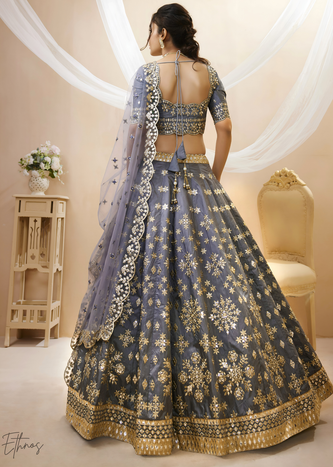 Grey Zari Embroidered Silk Lehenga