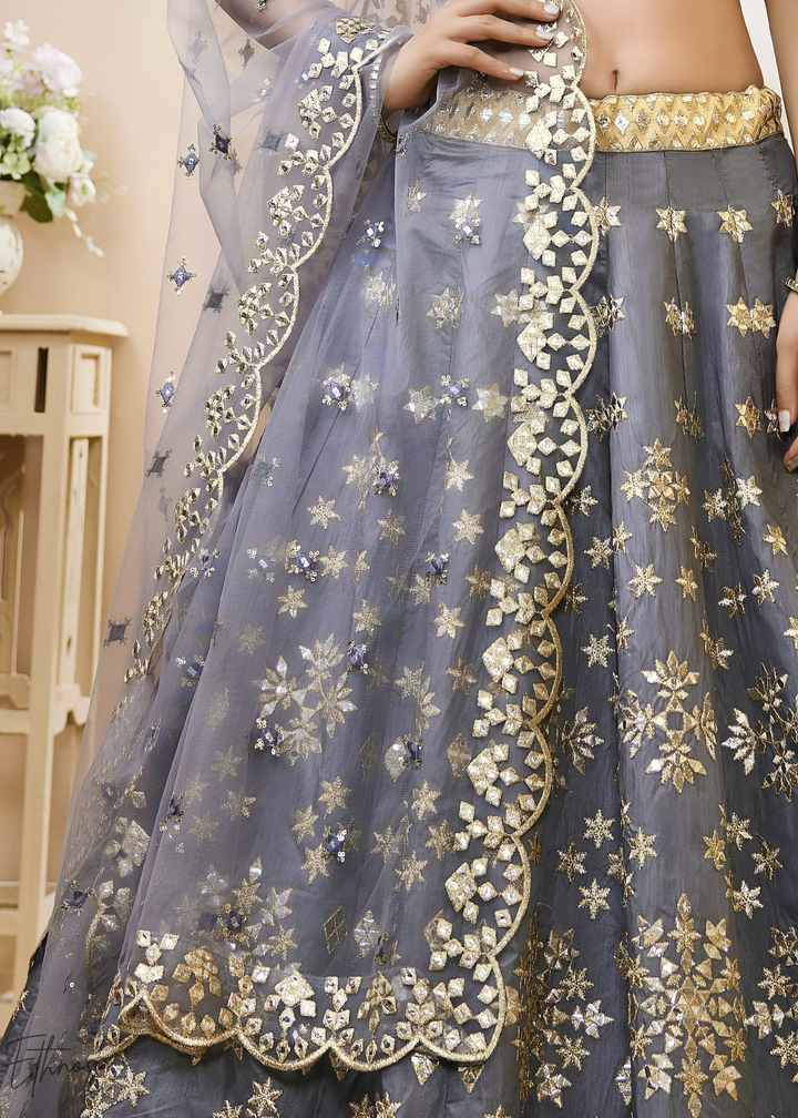 Grey Zari Embroidered Silk Lehenga