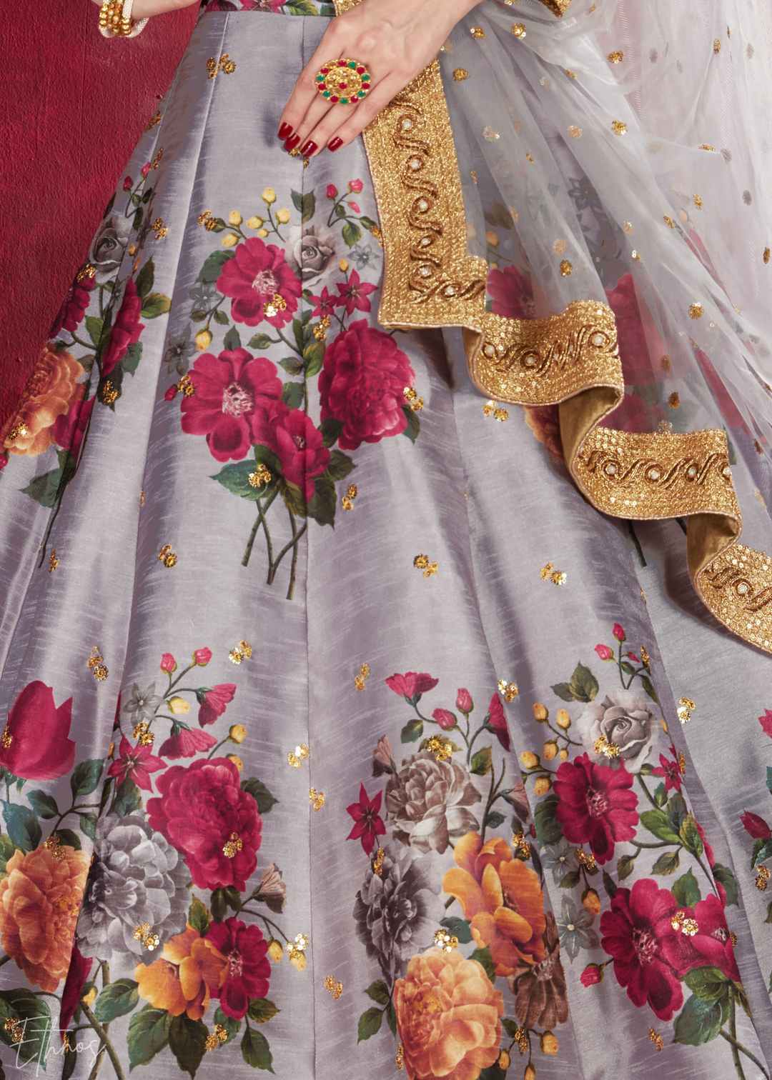 Grey Zari Rose Silk Lehenga