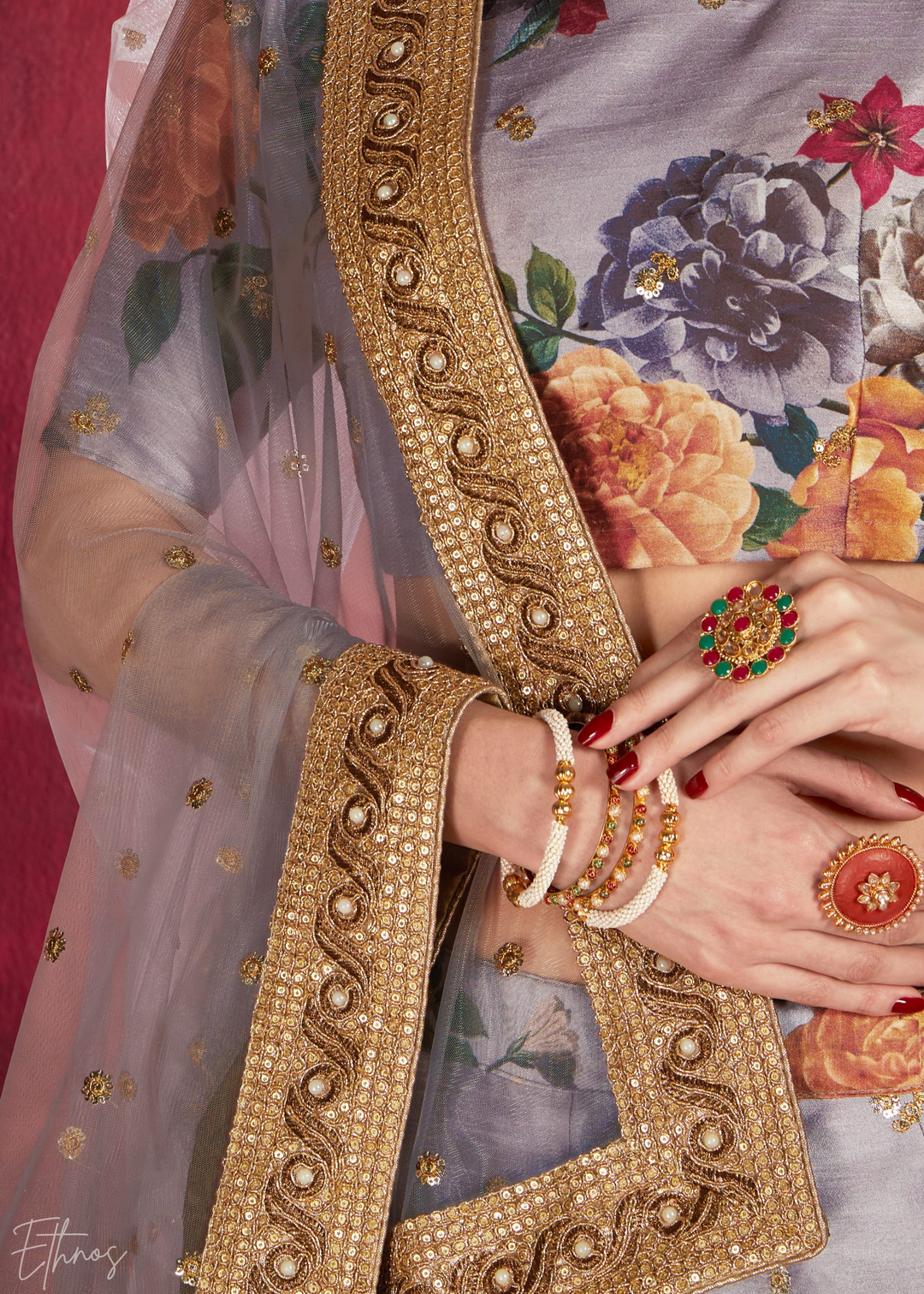 Grey Zari Rose Silk Lehenga