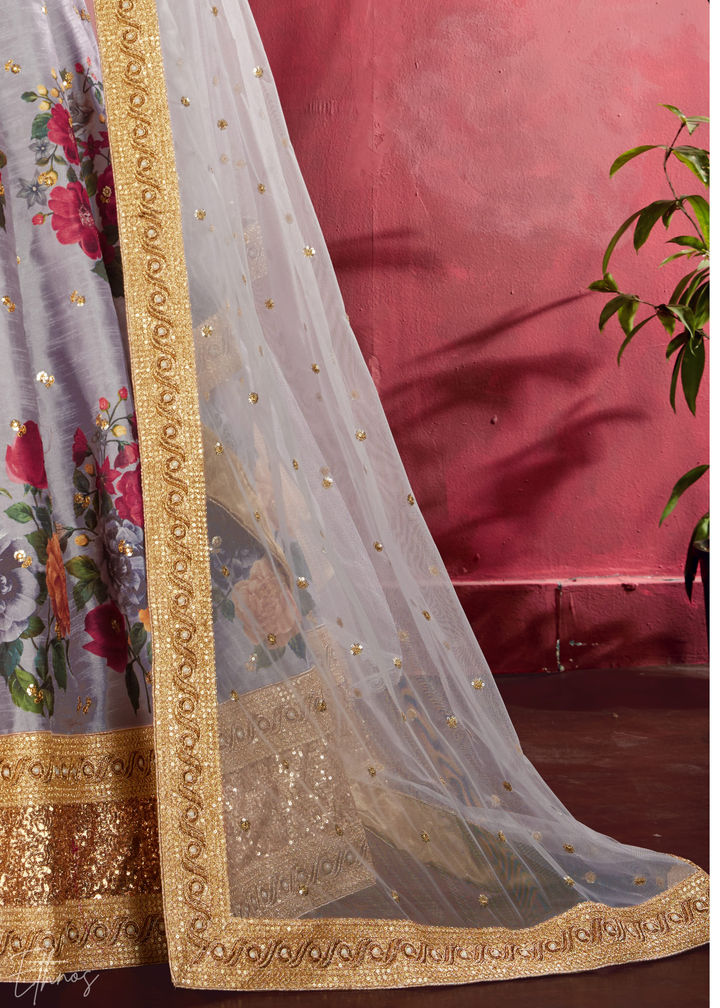 Grey Zari Rose Silk Lehenga