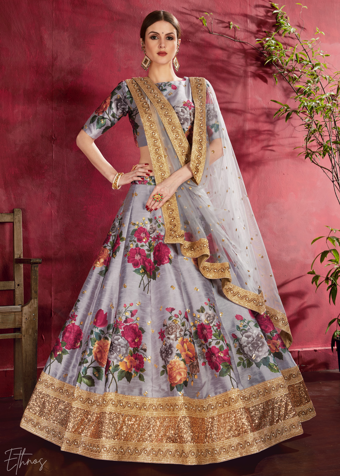 Grey Zari Rose Silk Lehenga