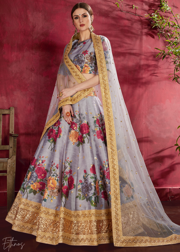 Grey Zari Rose Silk Lehenga