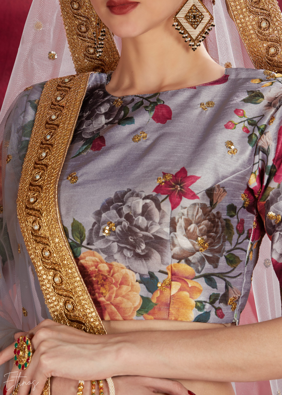 Grey Zari Rose Silk Lehenga