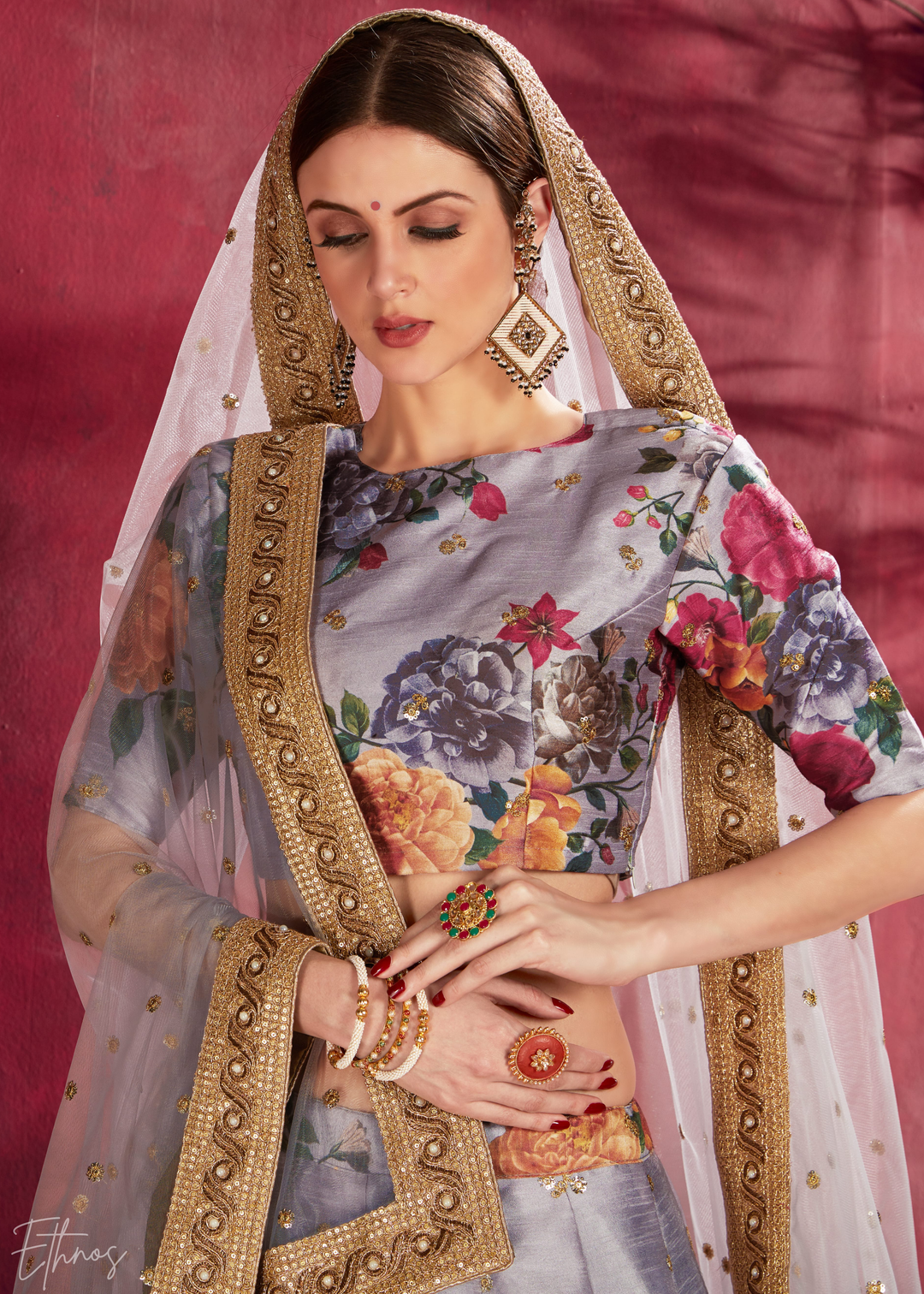 Grey Zari Rose Silk Lehenga