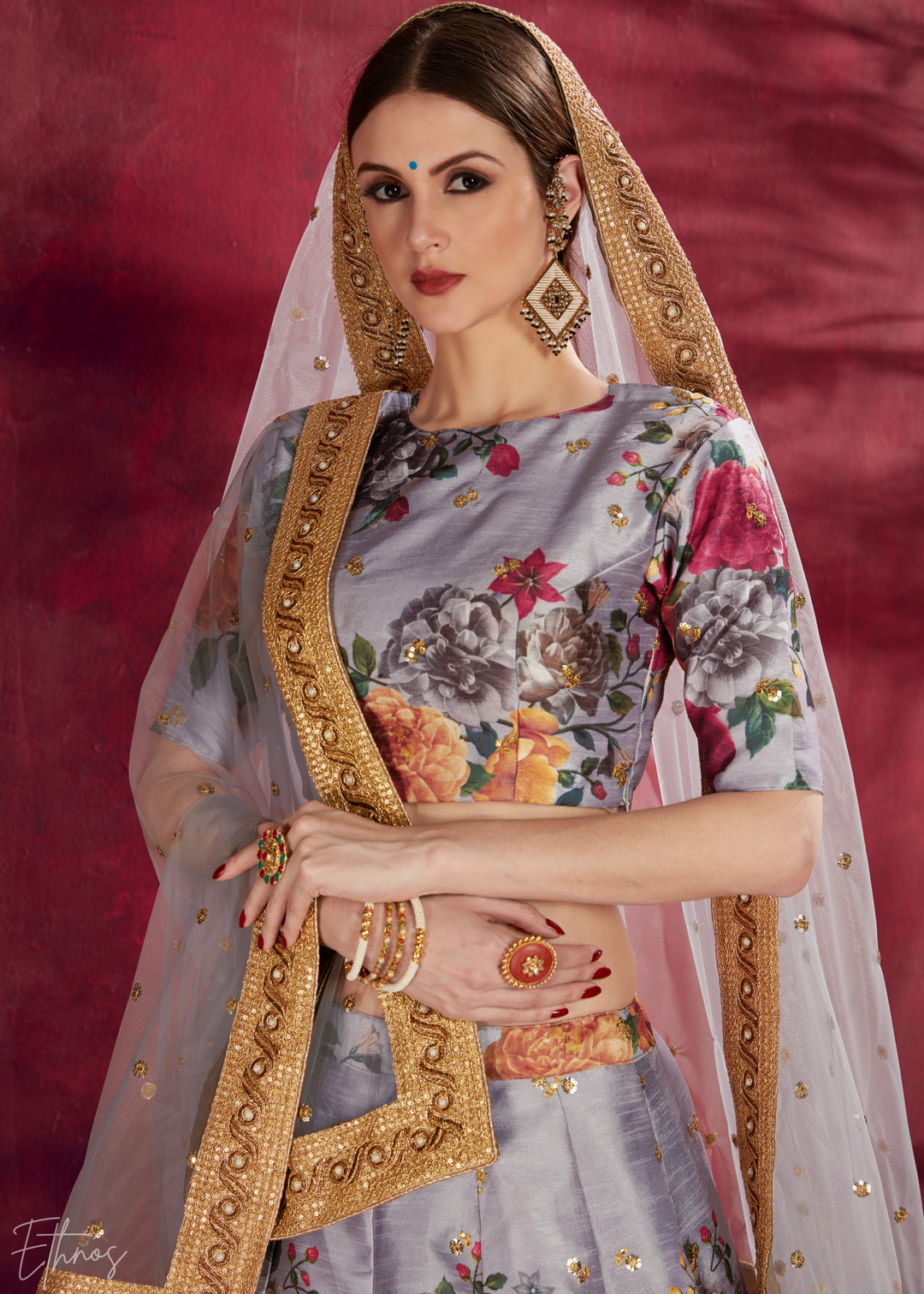Grey Zari Rose Silk Lehenga