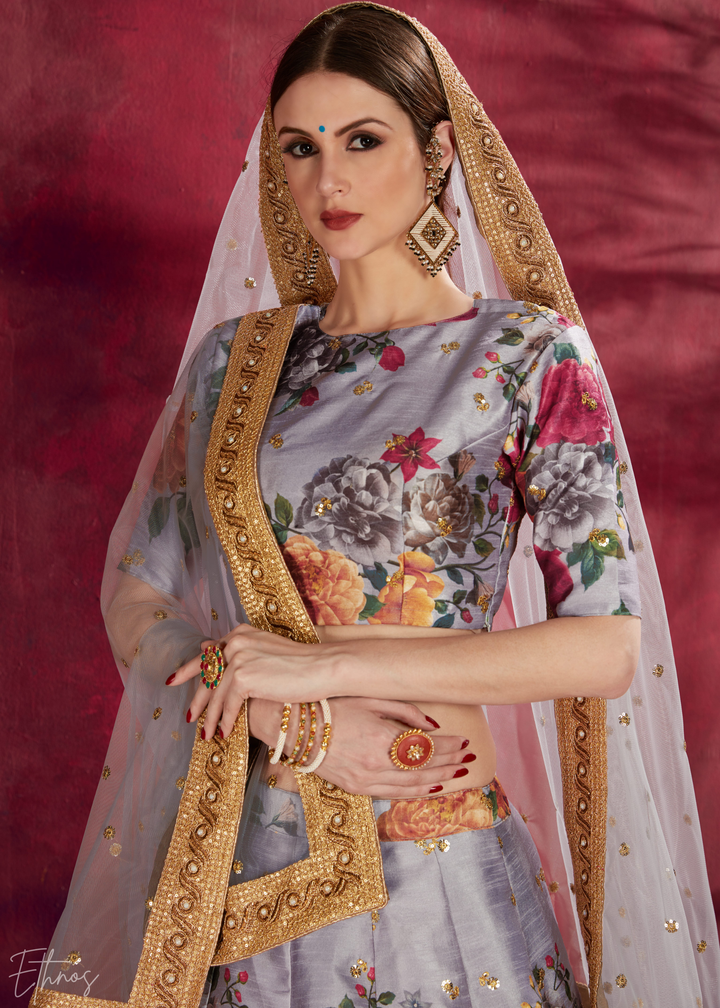 Grey Zari Rose Silk Lehenga