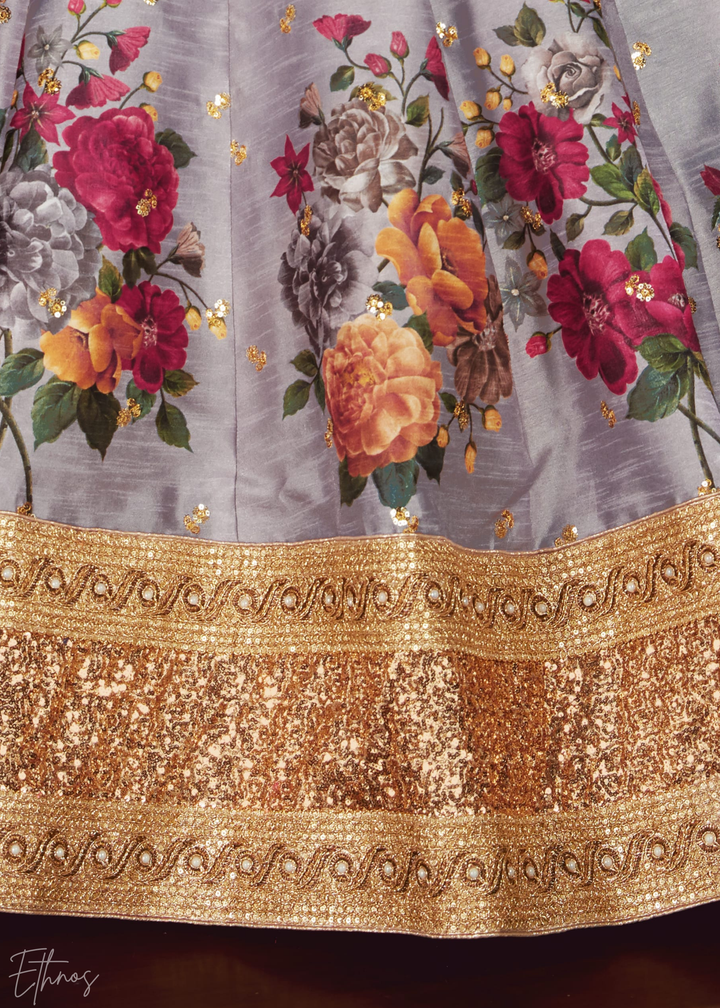 Grey Zari Rose Silk Lehenga