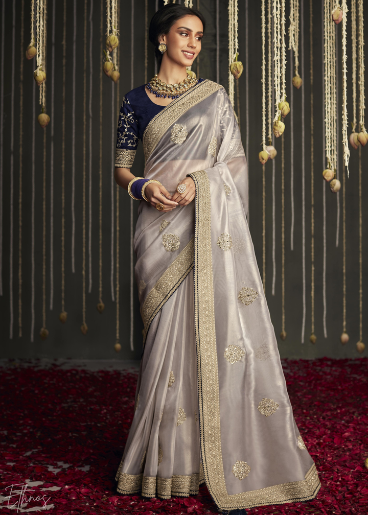 Grey Metallic Embroidered Organza Silk Saree : Top Pick
