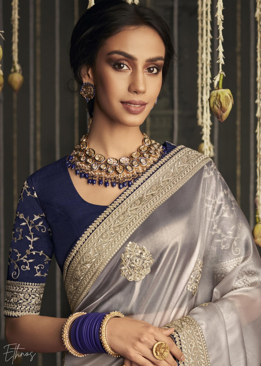 Grey Metallic Embroidered Organza Silk Saree : Top Pick