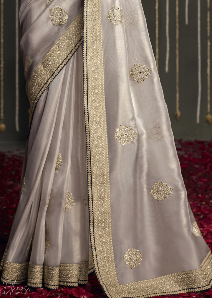 Grey Metallic Embroidered Organza Silk Saree : Top Pick