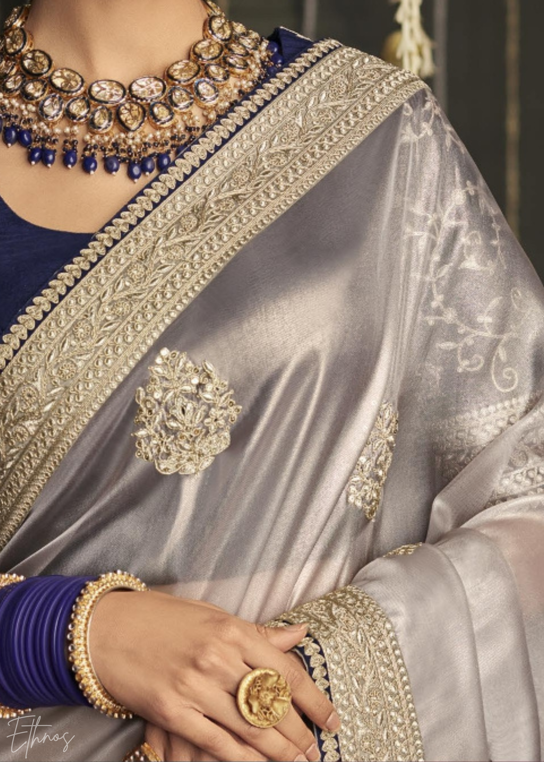 Grey Metallic Embroidered Organza Silk Saree : Top Pick