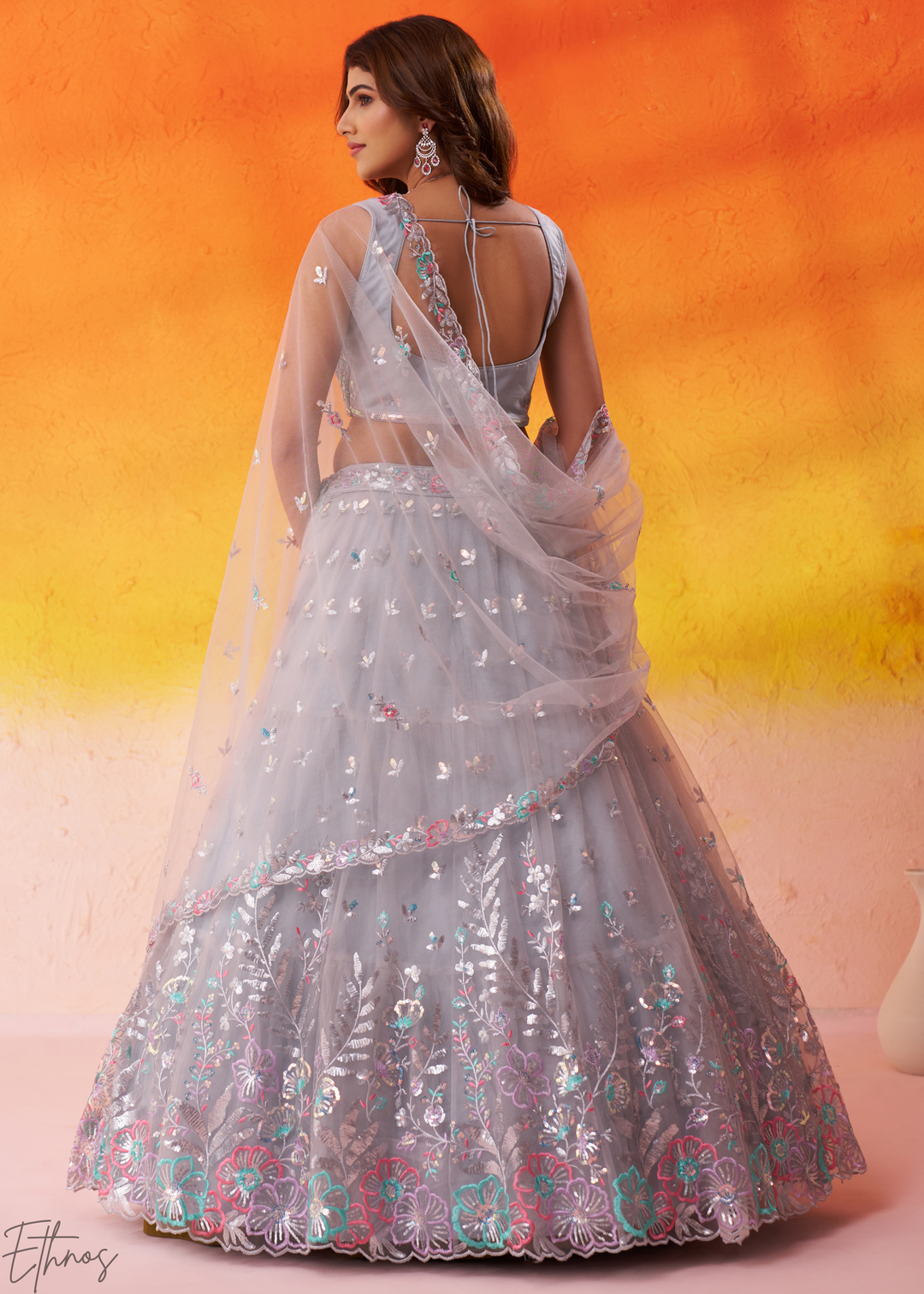 Grey Multi-Colored Sequins Net Lehenga