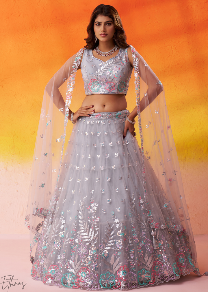 Grey Multi-Colored Sequins Net Lehenga