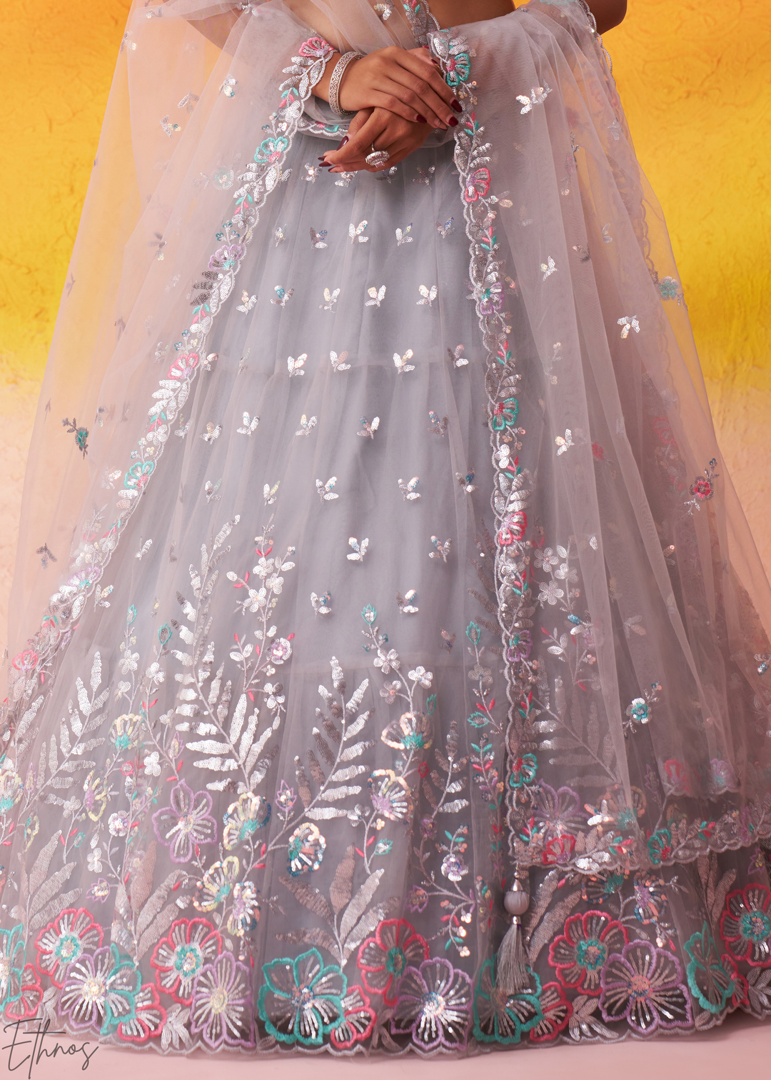 Grey Multi-Colored Sequins Net Lehenga