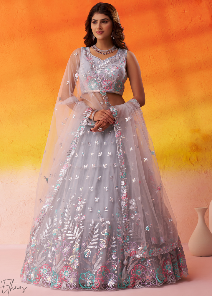 Grey Multi-Colored Sequins Net Lehenga
