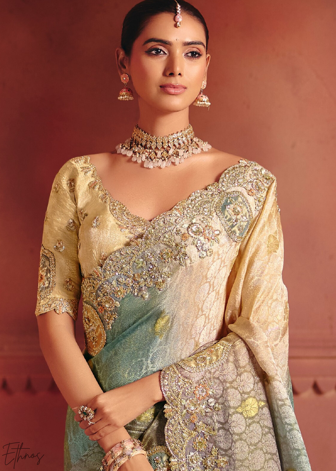 Greyish Beige Floral Resham Silk Saree