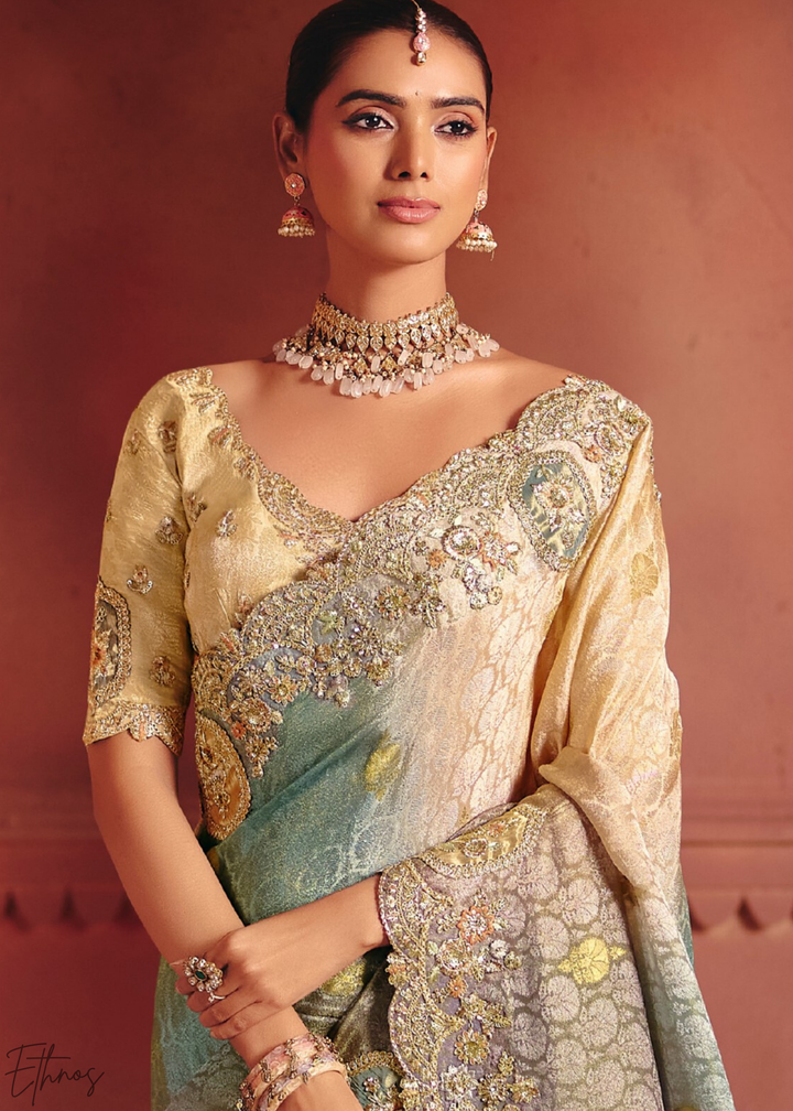 Greyish Beige Floral Resham Silk Saree